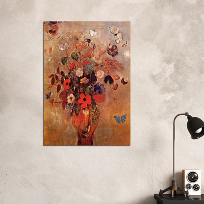 VASE WITH FLOWERS AND BUTTERFLIES - Odilon Redon Brushed Aluminum Print - 70x100 cm / 28x40 inches | Odilon Redon Aluminum Print | Odilon Redon Prints