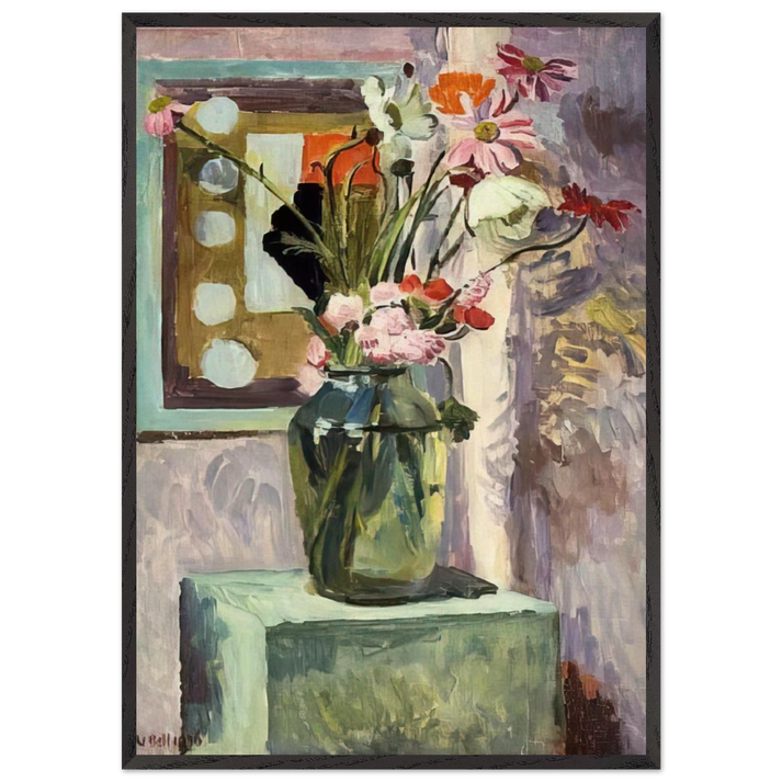FLOWERS IN A GLASS VASE WITH ABSTRACT NEEDLEWORK DESIGN - Vanessa Bell 70x100 cm / 28x40 inches Framed Art Print – Black Wooden Frame