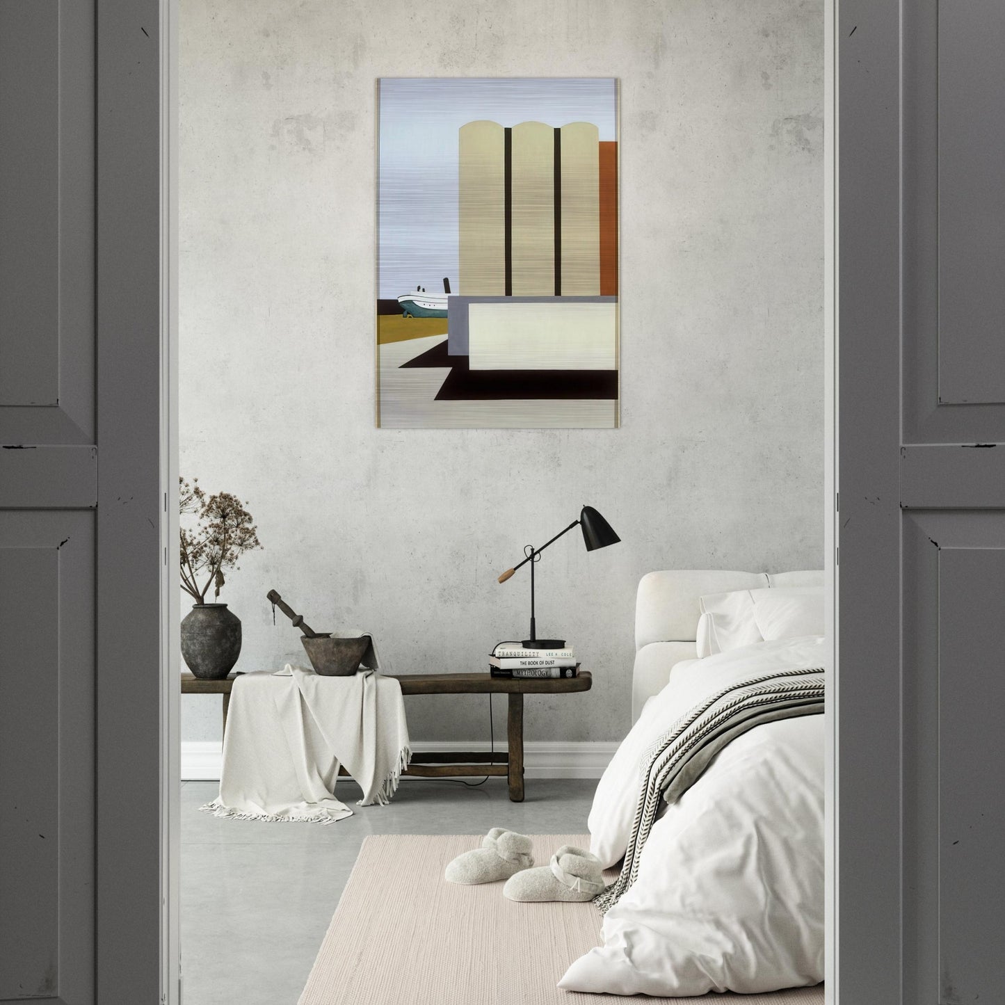 Boat and Grain Elevators No. 2 - 1942 - Ralston Crawford Brushed Aluminum Print - 70x100 cm / 28x40 inches | Ralston Crawford Aluminum Print | Ralston Crawford Prints