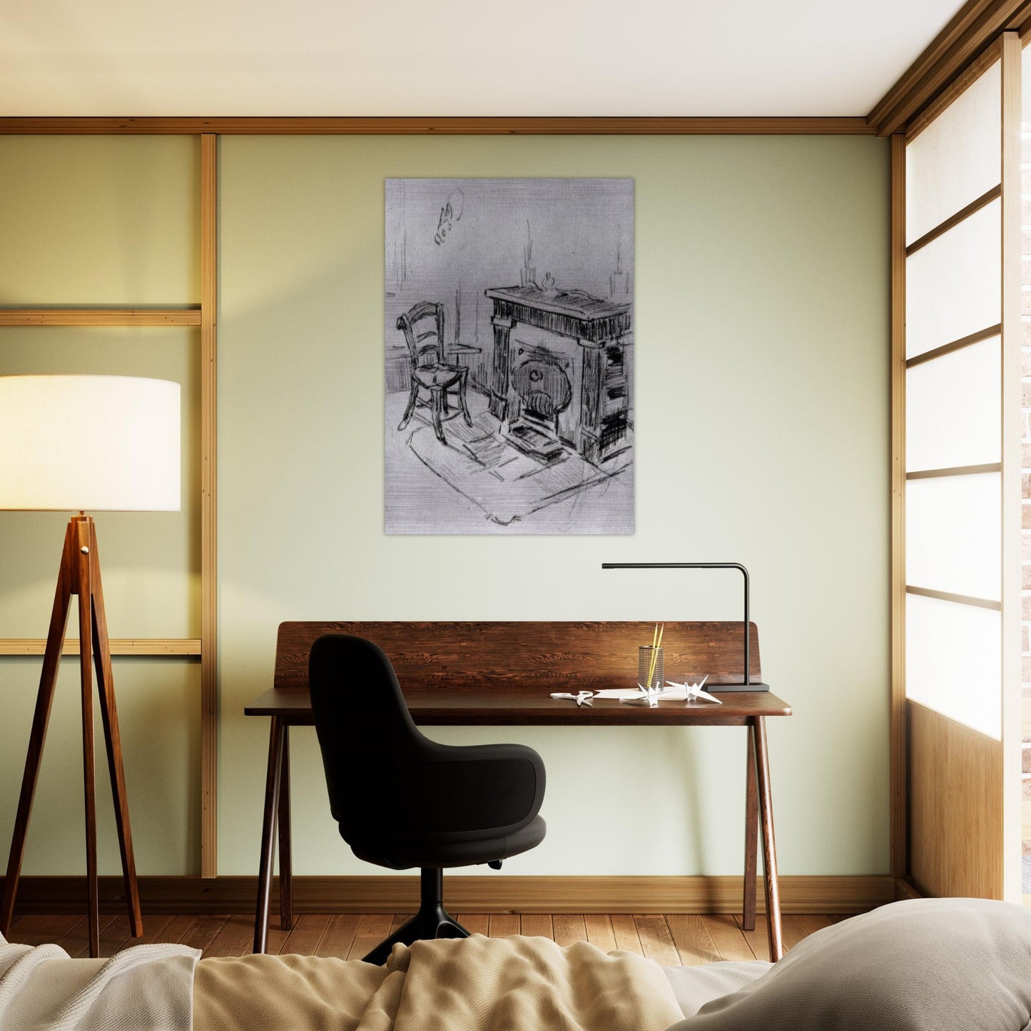 Mantelpiece with Chair - Vincent van Gogh Brushed Aluminum Print - 70x100 cm / 28x40 inches | Vincent van Gogh Aluminum Print | Vincent van Gogh Prints