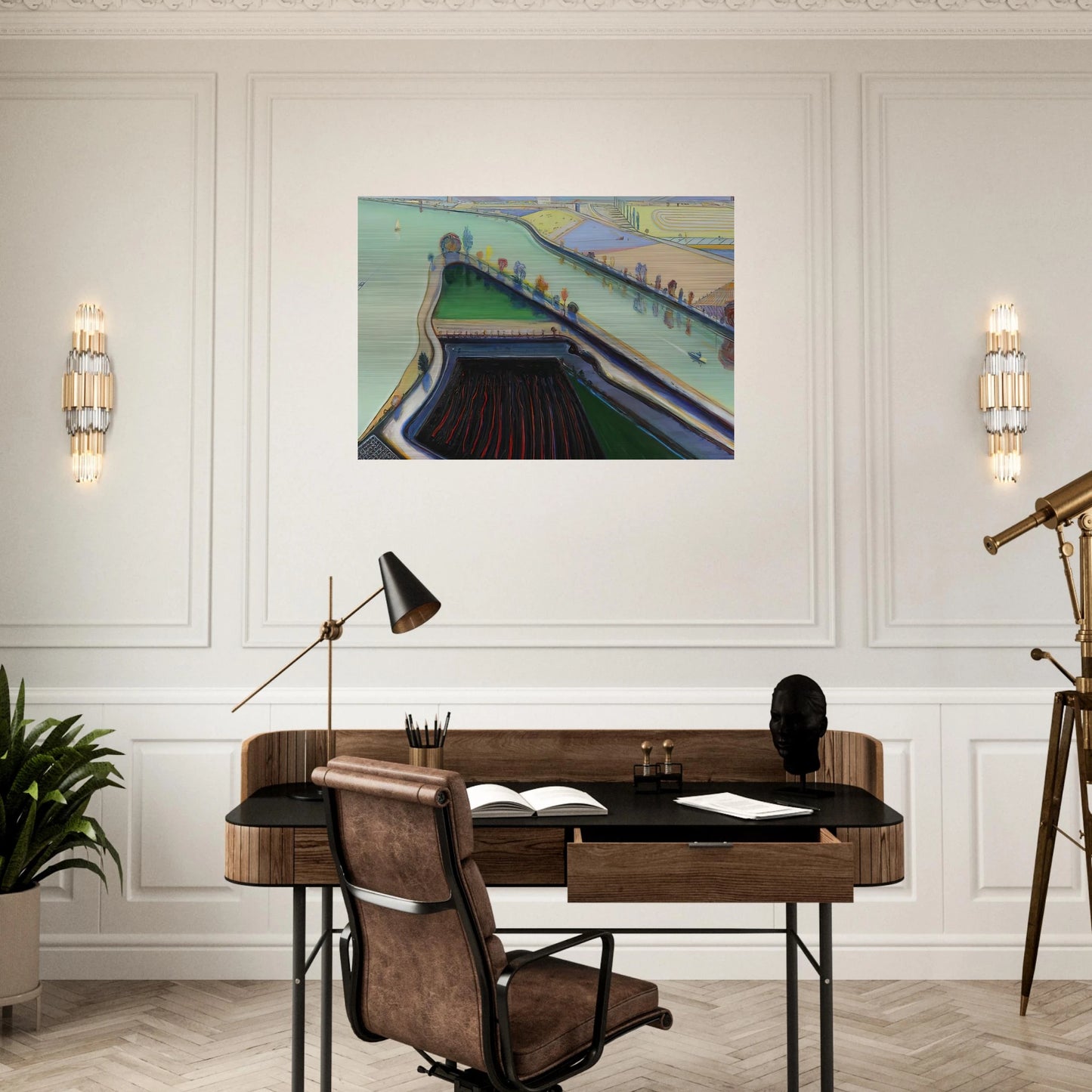 River Boats - 2001 - Wayne Thiebaud Brushed Aluminum Print - 70x100 cm / 28x40 inches | Wayne Thiebaud Aluminum Print | Wayne Thiebaud Prints