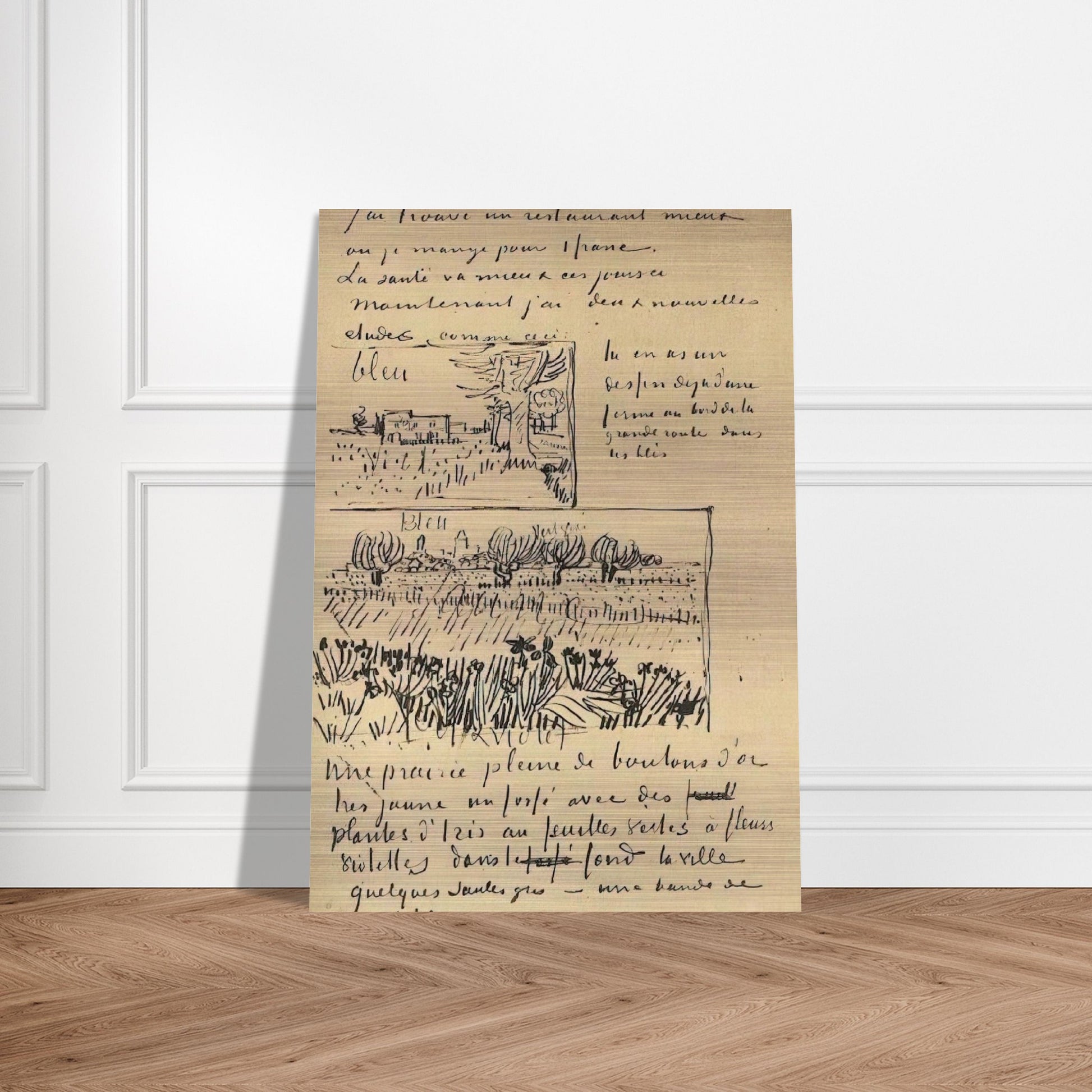 Farmhouse with Wheat Field along a Road and Field with Flowers - Vincent van Gogh Brushed Aluminum Print - 70x100 cm / 28x40 inches | Vincent van Gogh Aluminum Print | Vincent van Gogh Prints
