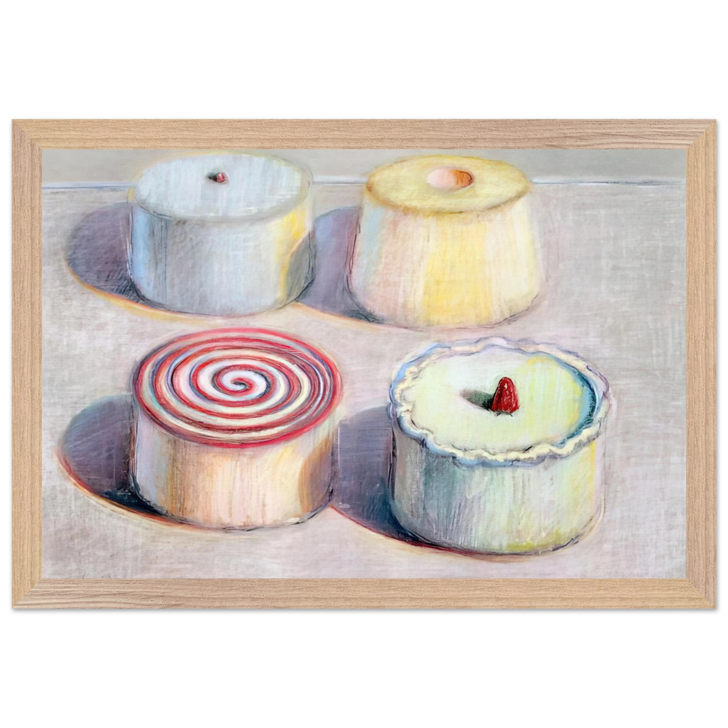 Wayne Thiebaud - Four Cakes - 1996 Wall Art - 60x80 cm / 24x32 inches - Premium Wooden Framed Poster With Fine Art Paper - Black frame