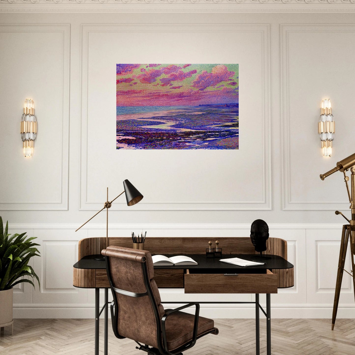 THE BEACH AT AMBLETEUSE AT LOW TIDE 1900 - Theo van Rysselberghe Brushed Aluminum Print - 70x100 cm / 28x40 inches | Theo van Rysselberghe Aluminum Print | Theo van Rysselberghe Prints