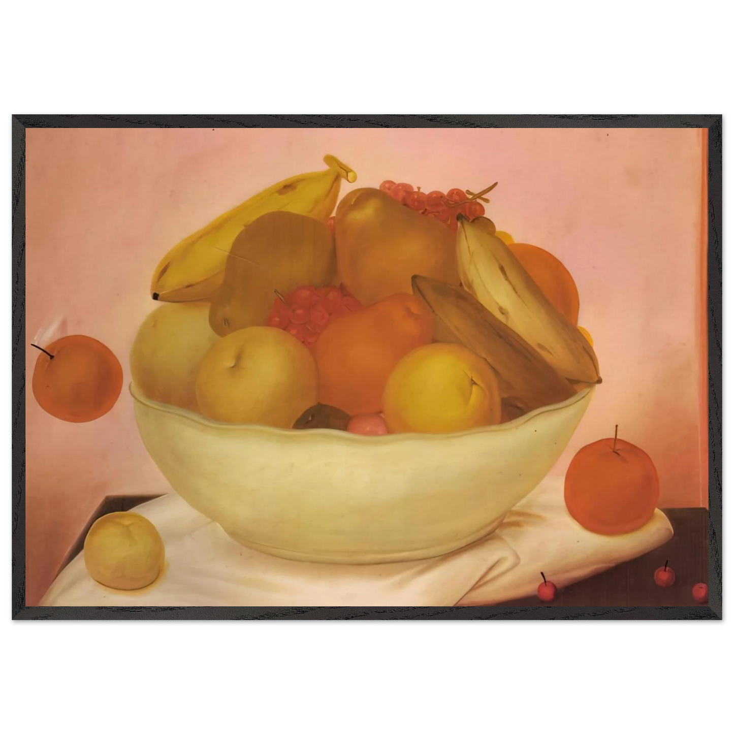 STILL LIFE WITH ORANGE FALLING - Fernando Botero 70x100 cm / 28x40 inches Framed Art Print – Black Wooden Frame