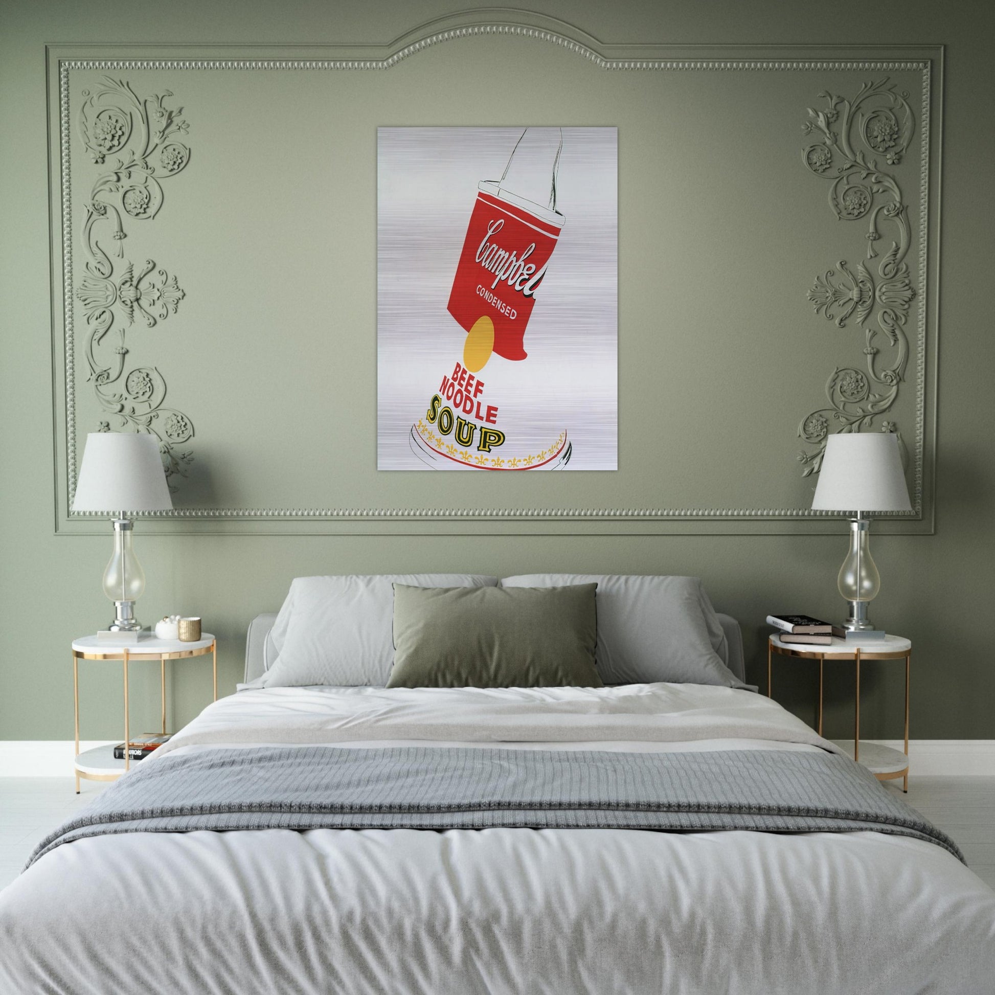 Crushed Campbell's Soup Can  Beef Noodle  - Andy Warhol Brushed Aluminum Print - 70x100 cm / 28x40 inches | Andy Warhol Aluminum Print | Andy Warhol Prints