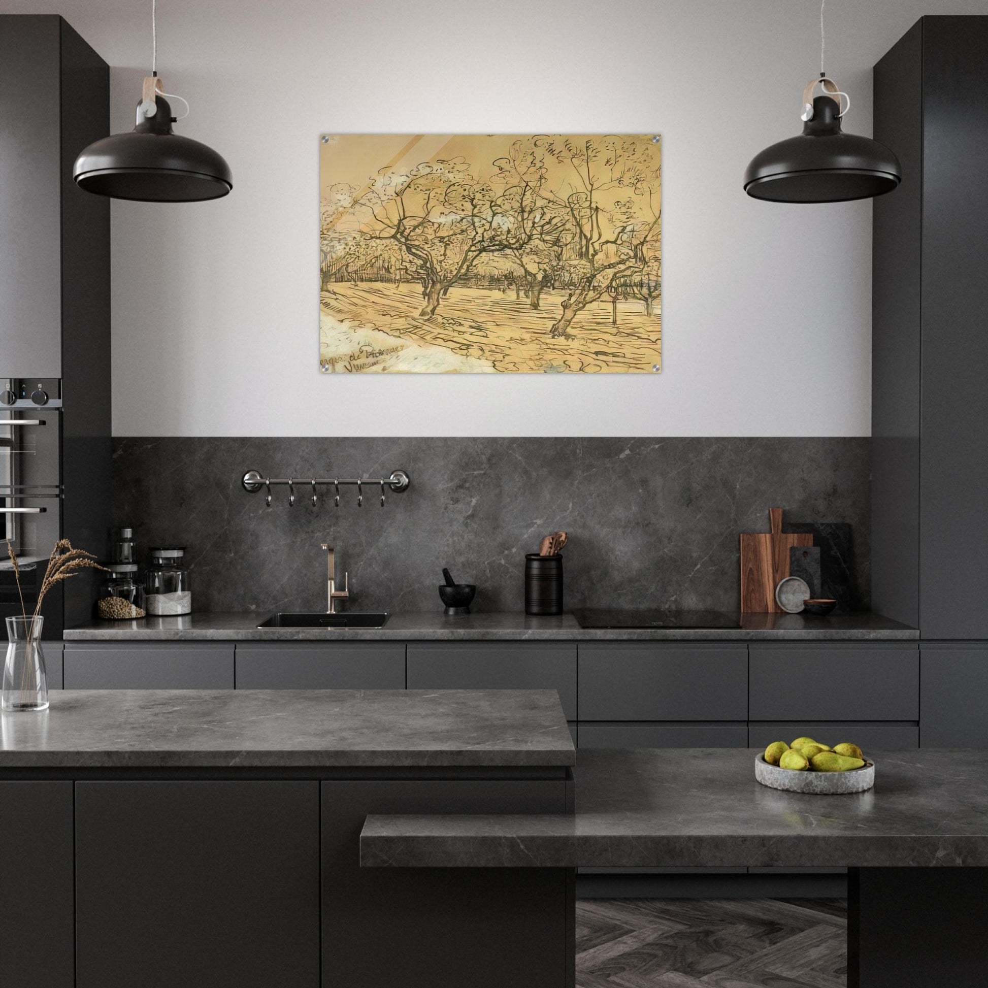 Orchard with Blossoming Plum Trees The White Orchard - Vincent van Gogh Acrylic Print - 70x100 cm / 28x40″ inches | Vincent van Gogh Wall Art | Vincent van Gogh Prints