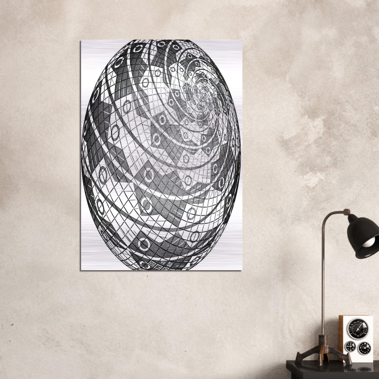 SPHERE SURFACE WITH FISHES - MC Escher Brushed Aluminum Print - 70x100 cm / 28x40 inches | MC Escher Aluminum Print | MC Escher Prints