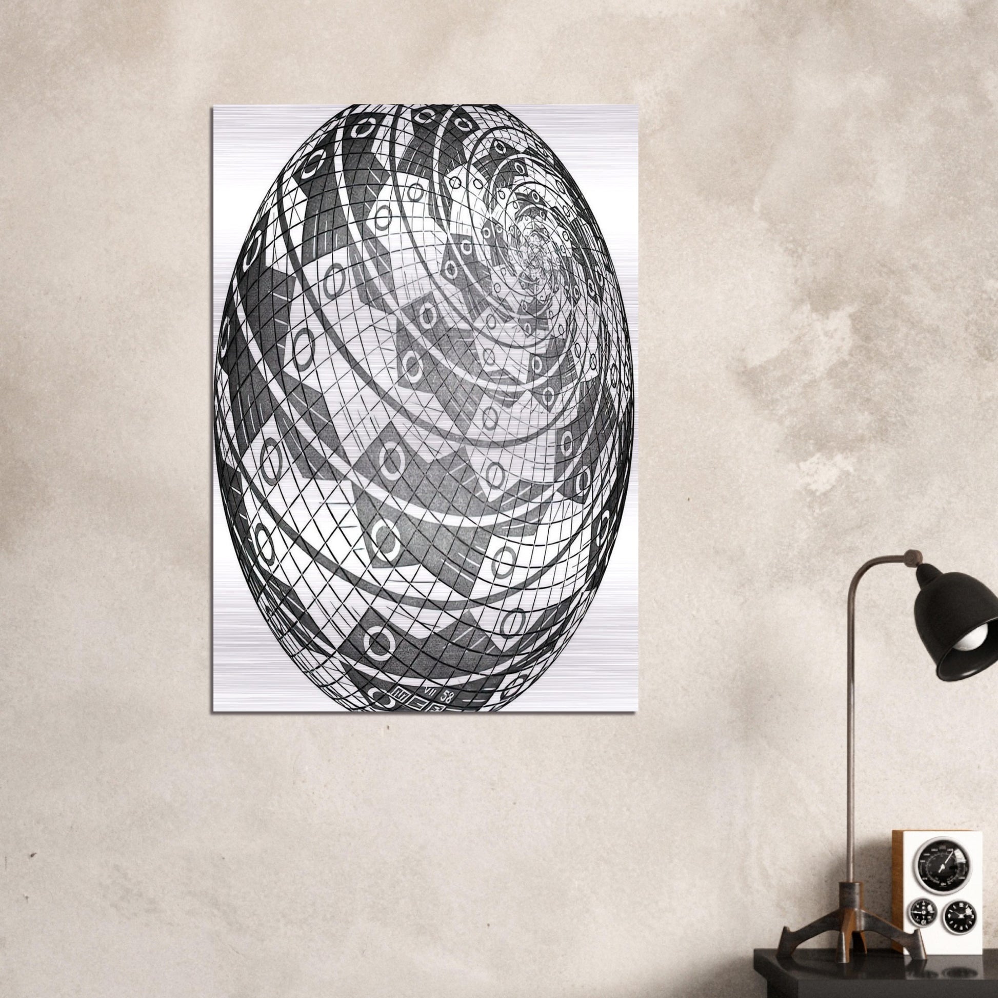 SPHERE SURFACE WITH FISHES - MC Escher Brushed Aluminum Print - 70x100 cm / 28x40 inches | MC Escher Aluminum Print | MC Escher Prints