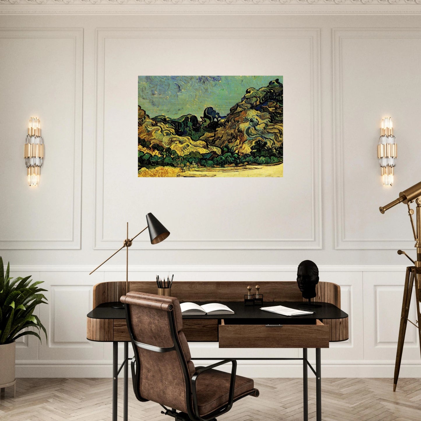 Mountains at Saint-Remy with Dark Cottage - Vincent van Gogh Brushed Aluminum Print - 70x100 cm / 28x40 inches | Vincent van Gogh Aluminum Print | Vincent van Gogh Prints