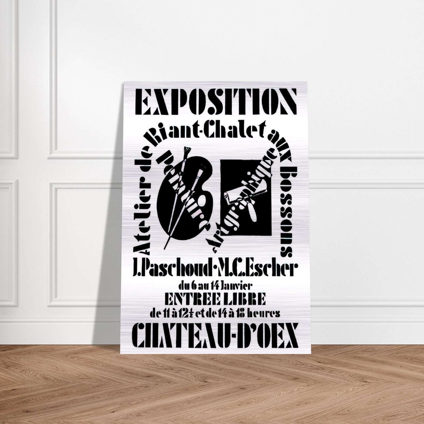 POSTER FOR EXHIBITION JOHN PASCHOUD AND M C ESCHER DECEMBER 1936 1936 - MC Escher Brushed Aluminum Print - 70x100 cm / 28x40 inches | MC Escher Aluminum Print | MC Escher Prints
