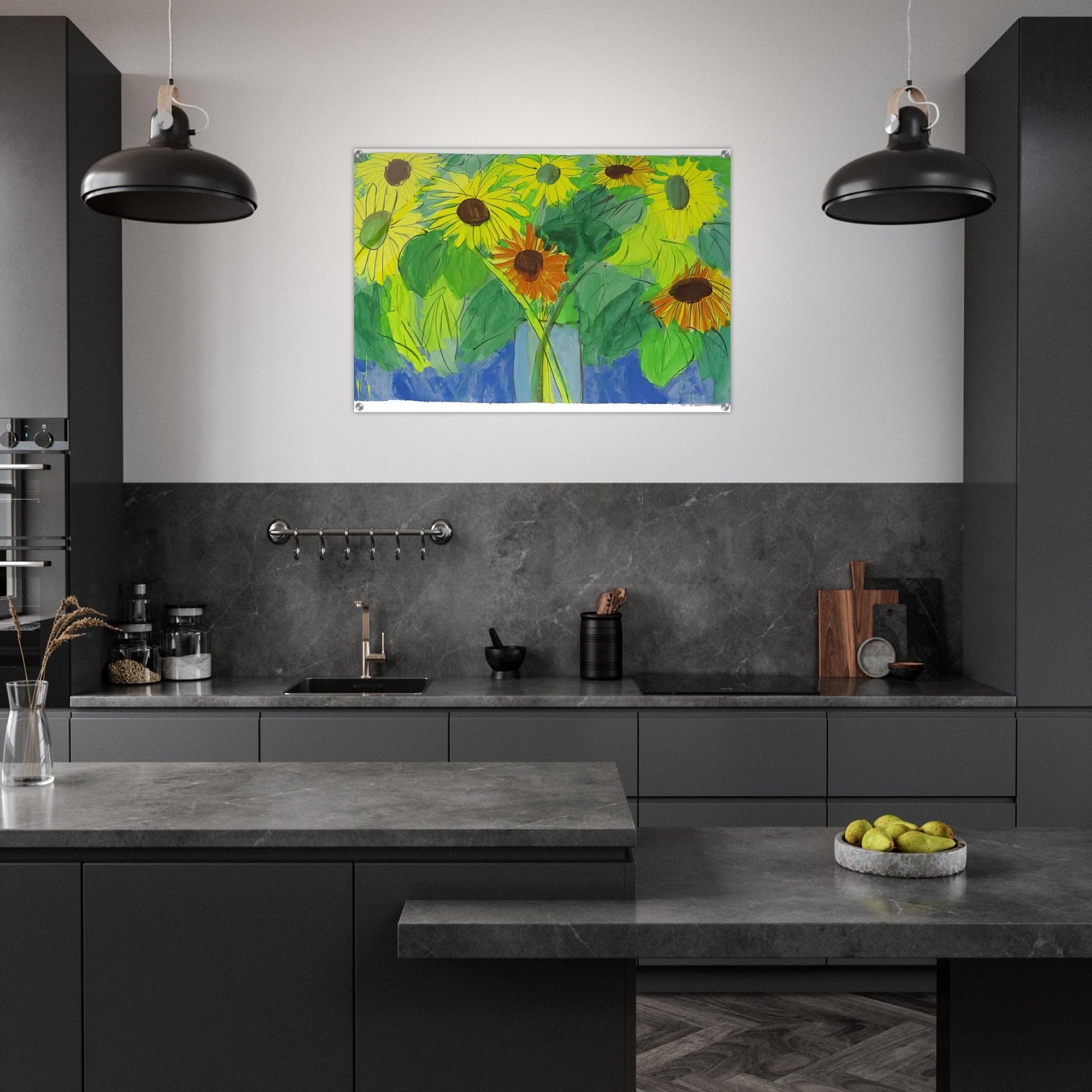 Orange and Yellow Sunflowers - Naïve Art Primitivism, Pop Art - Walasse Ting Acrylic Print - 70x100 cm / 28x40″ inches