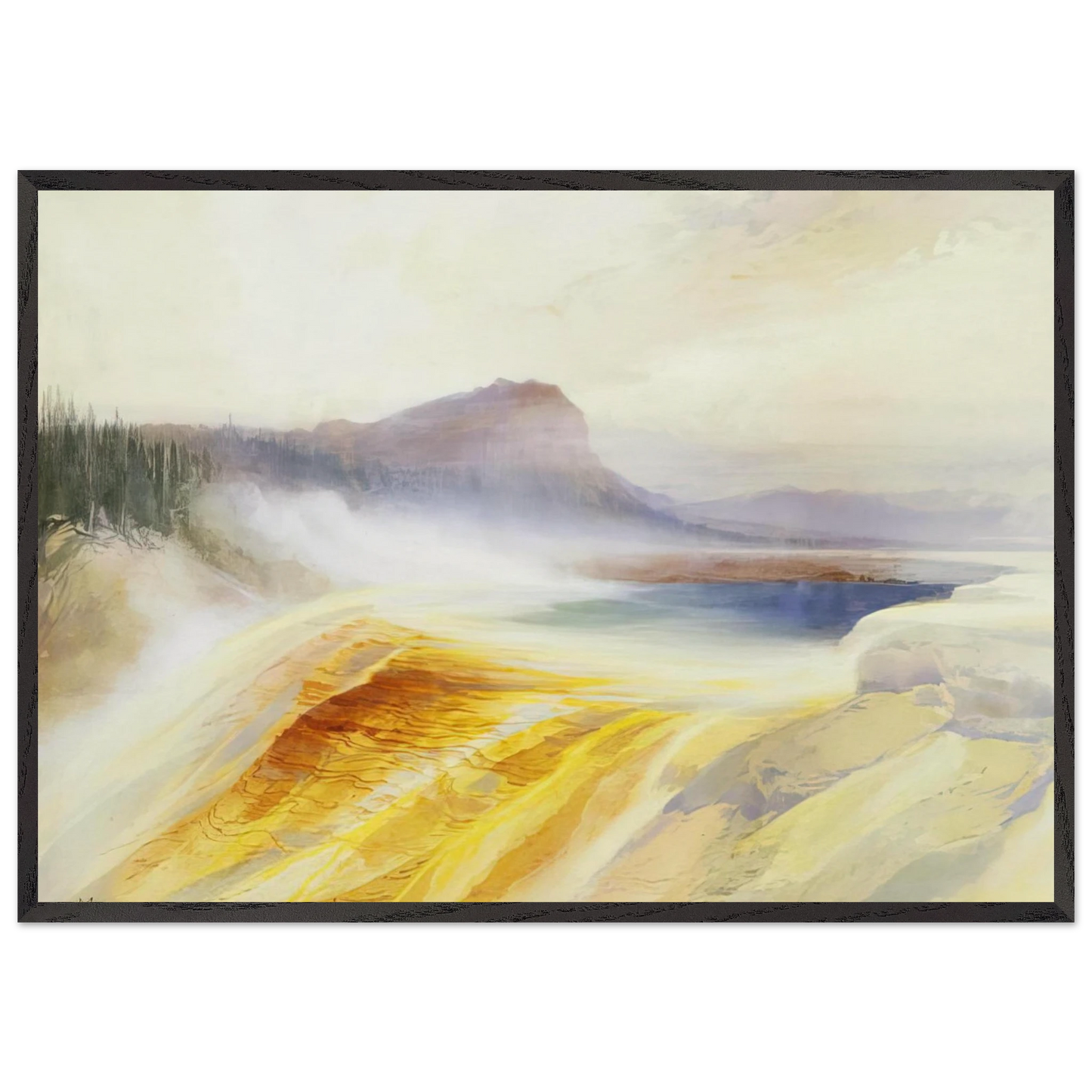 Great Blue Spring of the Lower Geyser Basin - Thomas Moran 70x100 cm / 28x40 inches Framed Art Print – Black Wooden Frame