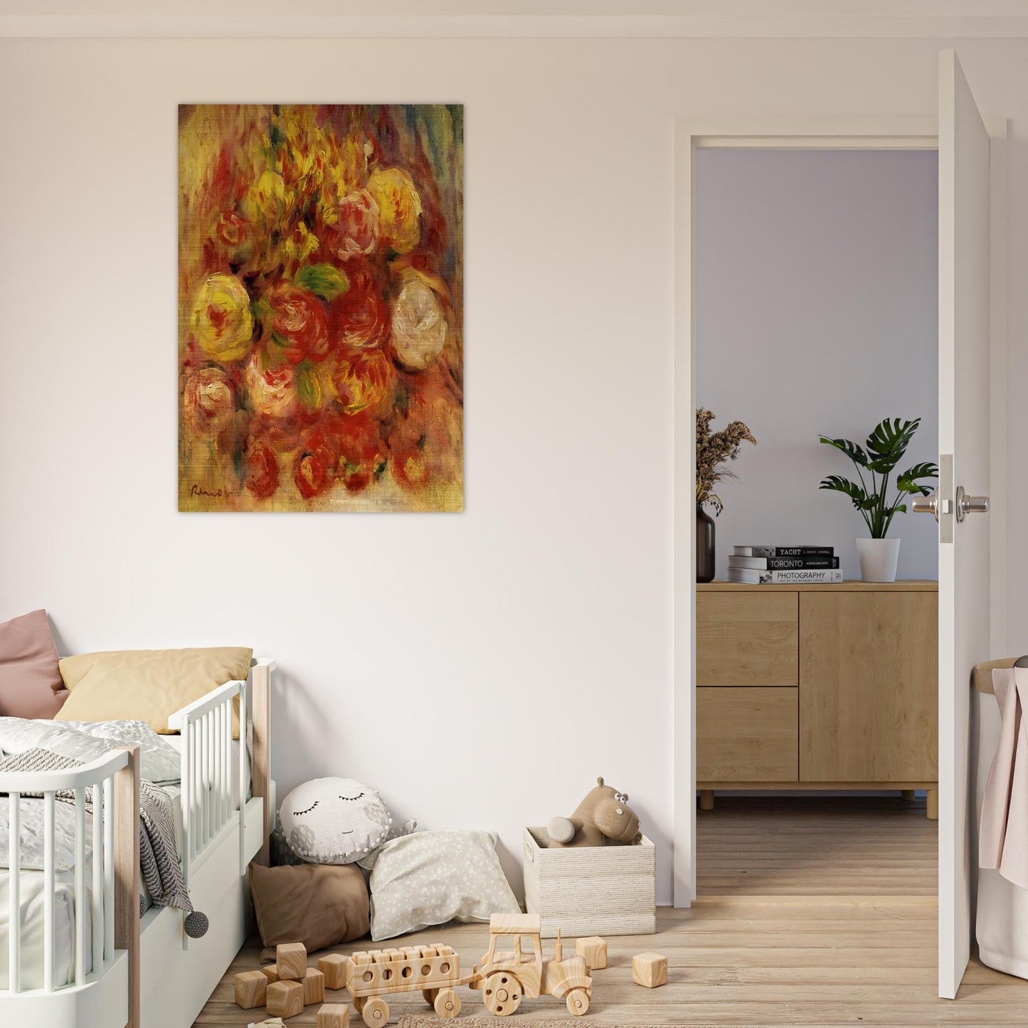 Flowers in a Vase with Blue Decoration - Pierre-Auguste Renoir Brushed Aluminum Print - 70x100 cm / 28x40 inches | Pierre-Auguste Renoir Aluminum Print | Pierre-Auguste Renoir Prints