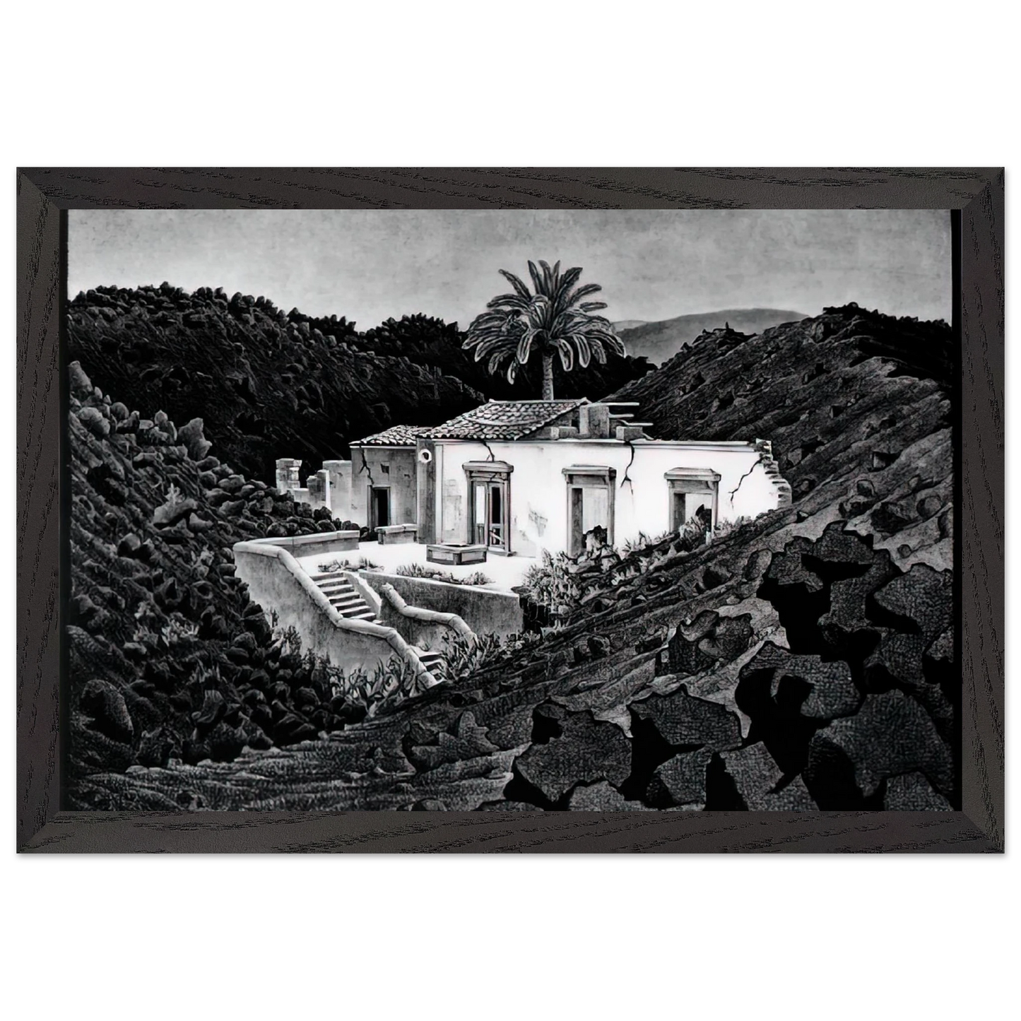 MC Escher - HOUSE IN THE LAVA NEAR NUNZIATA Wall Art - 21x29.7 cm / 8x12" - Premium Wooden Framed Poster With Fine Art Paper-canvas - White frame