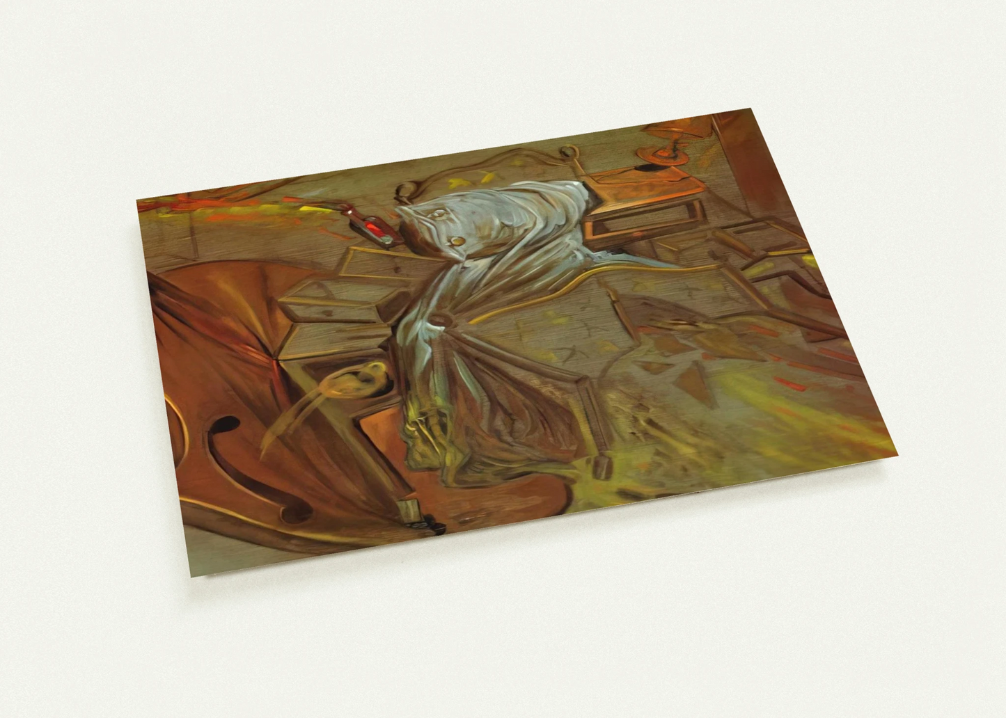 BED AND TWO BEDSIDE TABLES FEROCIOUSLY ATTACKING A CELLO By Salvador Dali Pack of 10 Post Cards | Salvador Dali Post Cards | A6 (10.5 x 14.8 cm) - 4.1 x 5.8 inches