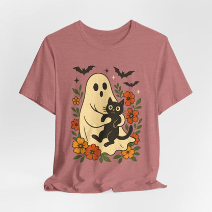 Fantôme effrayant tenant un chat noir Floral psychédélique Halloween