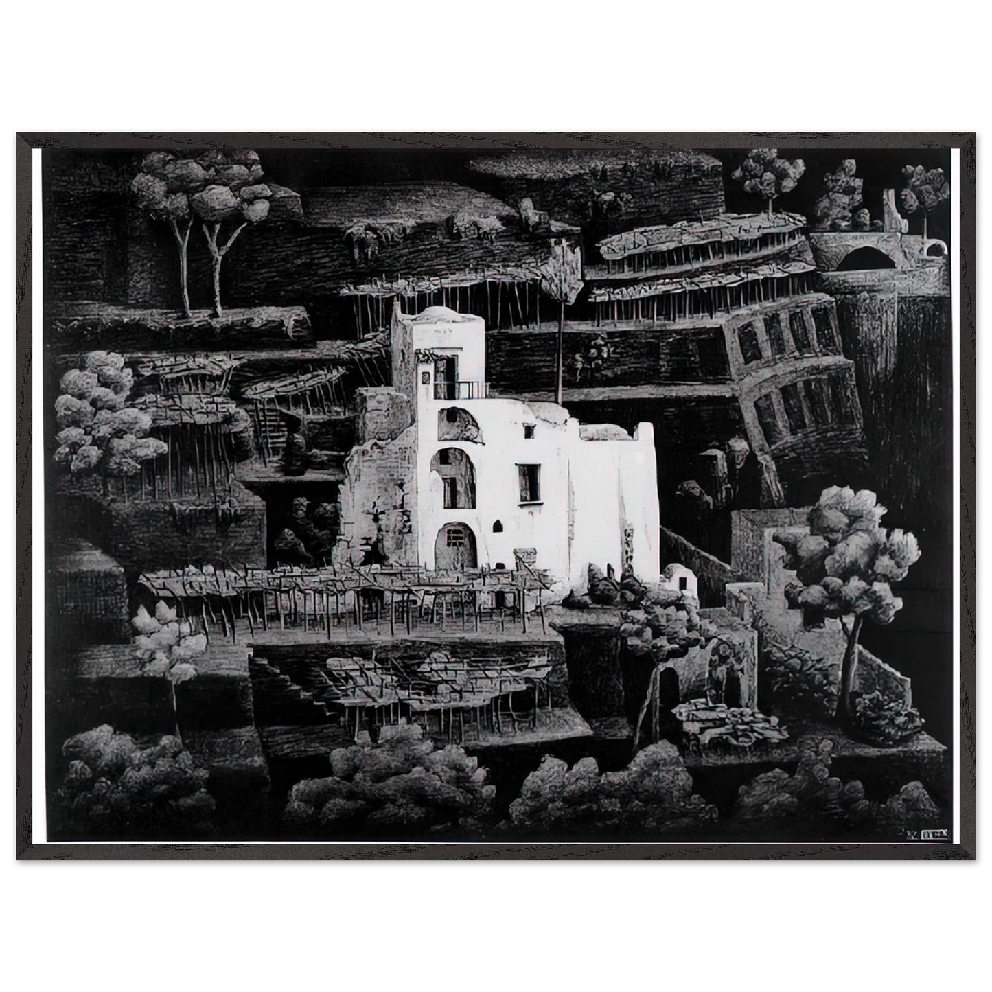 MC Escher - FARMHOUSE RAVELLO Wall Art - 21x29.7 cm / 8x12" - Premium Wooden Framed Poster With Fine Art Paper - White frame