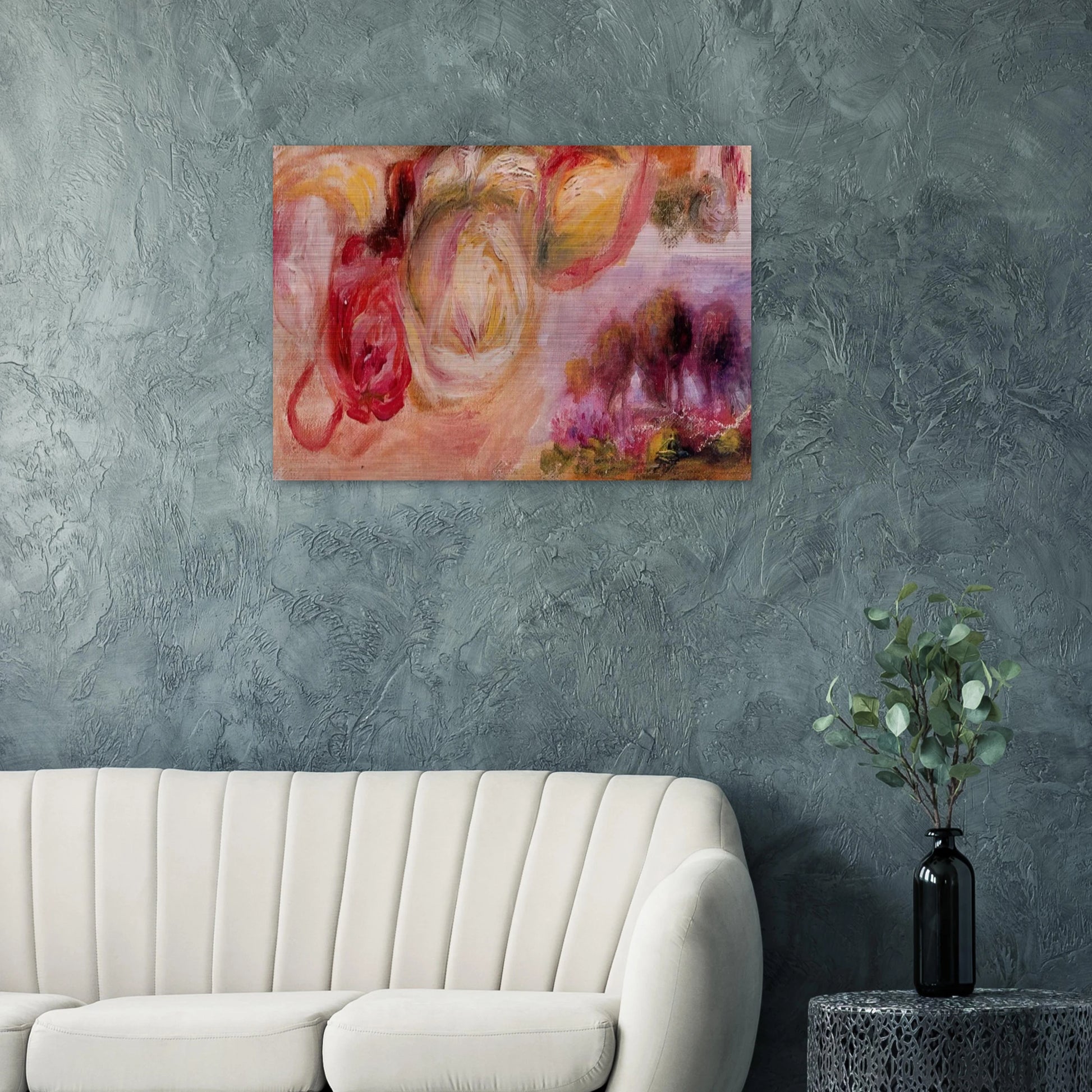 Roses with a Landscape - Pierre-Auguste Renoir Brushed Aluminum Print - 70x100 cm / 28x40 inches | Pierre-Auguste Renoir Aluminum Print | Pierre-Auguste Renoir Prints
