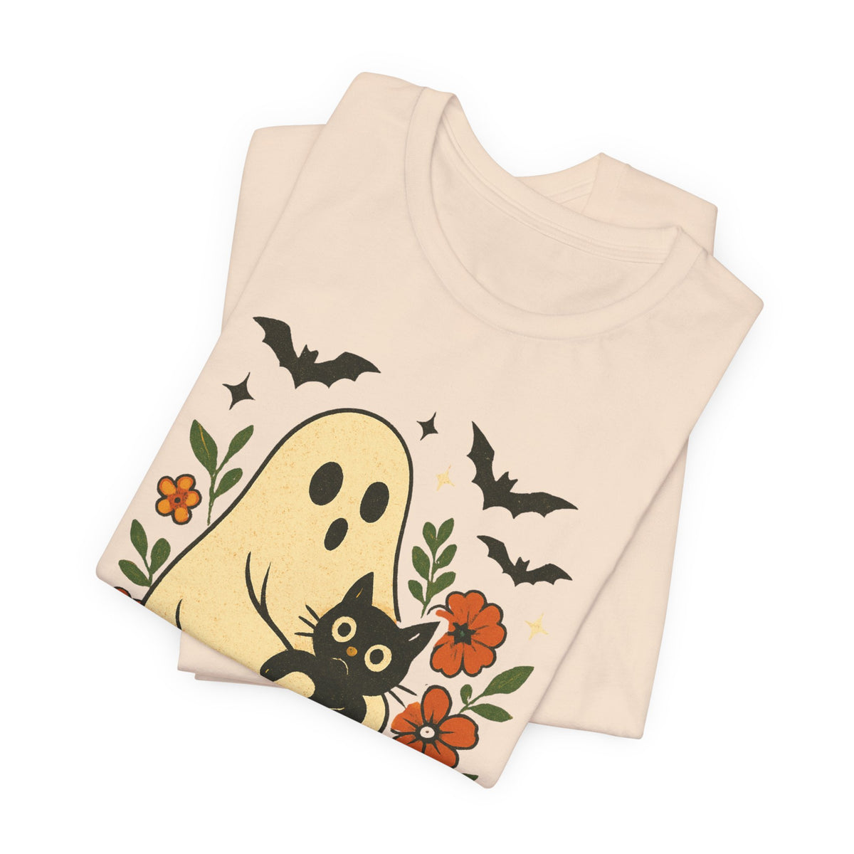 Fantôme effrayant tenant un chat noir Floral psychédélique Halloween