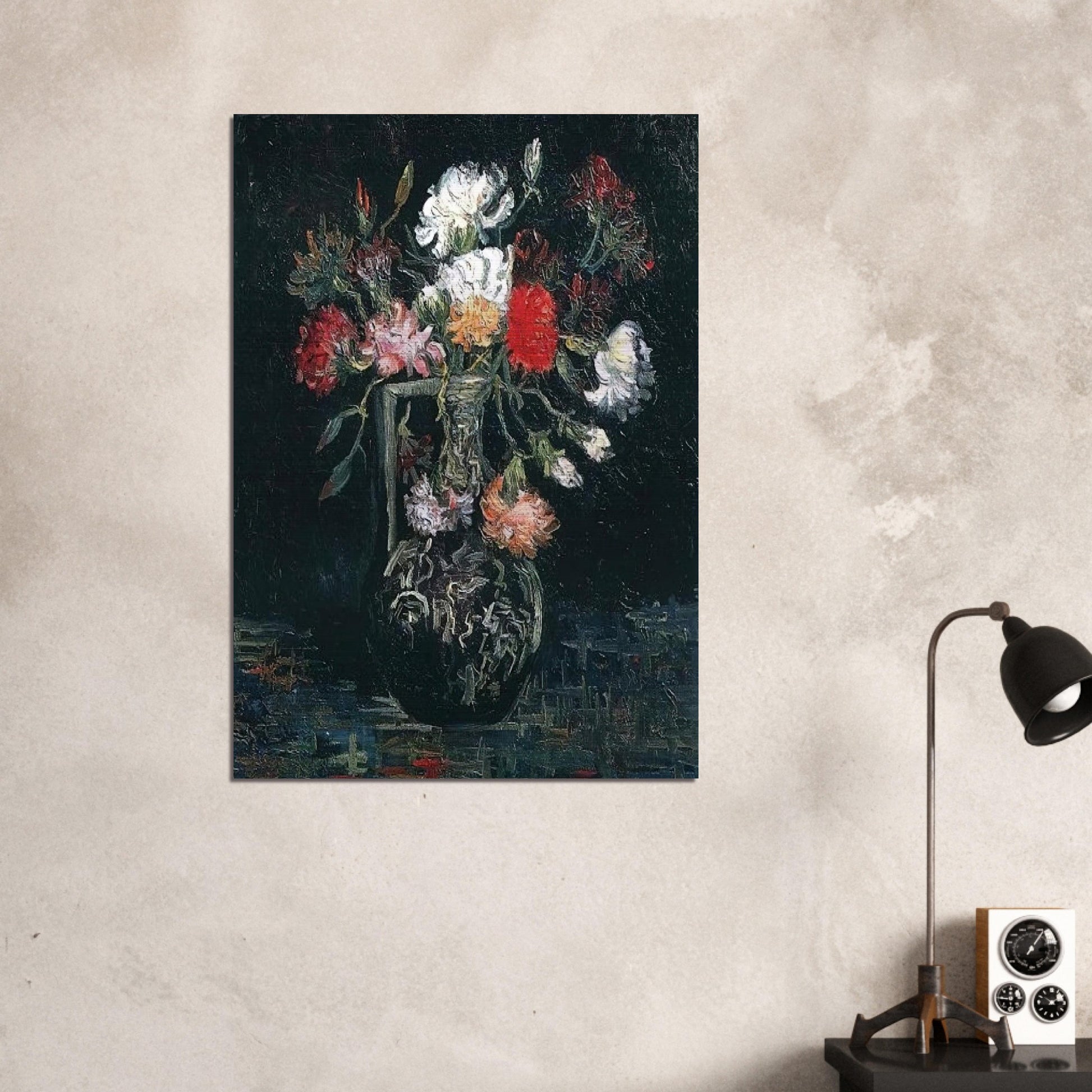 Vase with White and Red Carnations - Vincent van Gogh Brushed Aluminum Print - 70x100 cm / 28x40 inches | Vincent van Gogh Aluminum Print | Vincent van Gogh Prints