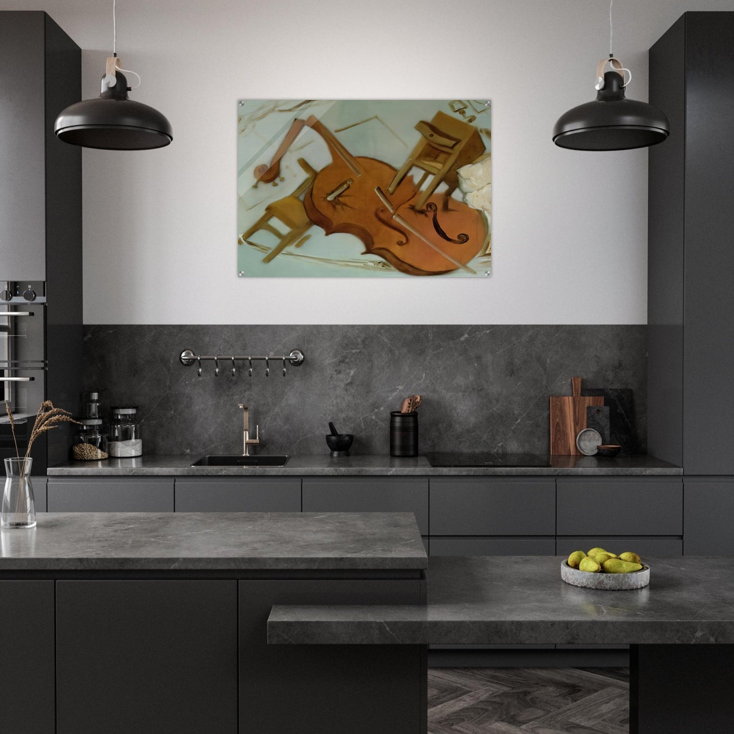BED CHAIR AND BEDSIDE TABLE FEROCIOUSLY ATTACKING A CELLO - Salvador Dali Acrylic Print - 70x100 cm / 28x40″ inches | Salvador Dali Wall Art | Salvador Dali Prints