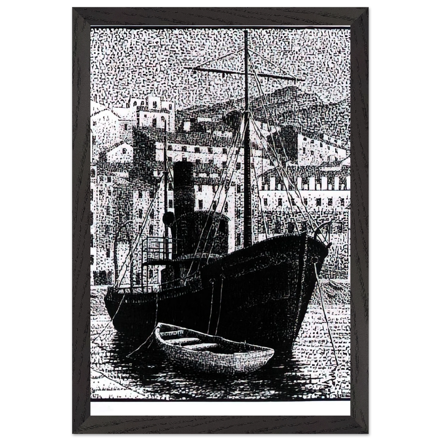 MC Escher - TUGBOAT OLD HARBOR OF BASTIA JANUARY 1934 1934 Wall Art - 30x40 cm / 12x16 inches - Premium Wooden Framed Poster With Fine Art Paper-canvas - White frame