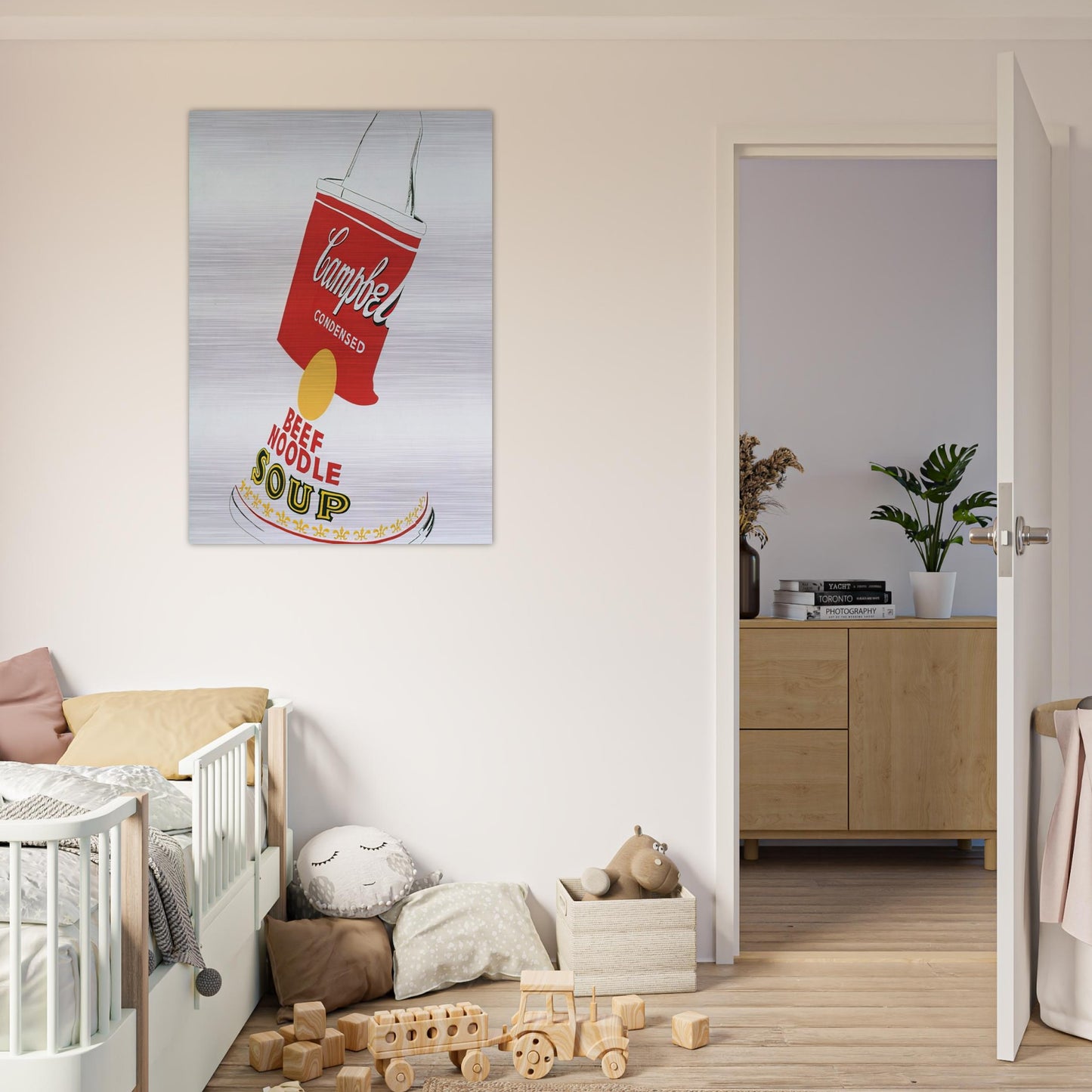 Crushed Campbell's Soup Can  Beef Noodle  - Andy Warhol Brushed Aluminum Print - 70x100 cm / 28x40 inches | Andy Warhol Aluminum Print | Andy Warhol Prints