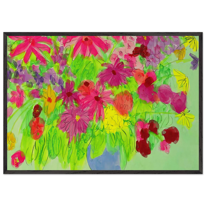 Blue Vase Many Flowers - Naive Art Primitivism Pop Art - Walasse Ting 70x100 cm / 28x40 inches Framed Art Print – Black Wooden Frame