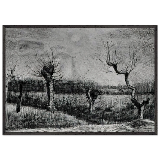Landscape with Willows and Sun Shining Through the Clouds - Vincent van Gogh 70x100 cm / 28x40 inches Framed Art Print – Black Wooden Frame
