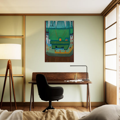 CITY AT THE FOOT OF THE MOUNTAINS LANDSCAPE - Jerzy Nowosielski Brushed Aluminum Print - 70x100 cm / 28x40 inches | Jerzy Nowosielski Aluminum Print | Jerzy Nowosielski Prints