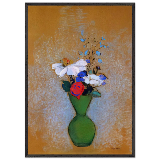 ROSE PEONY AND CORNFLOWERS IN A GREEN VASE - Odilon Redon 70x100 cm / 28x40 inches Framed Art Print – Black Wooden Frame