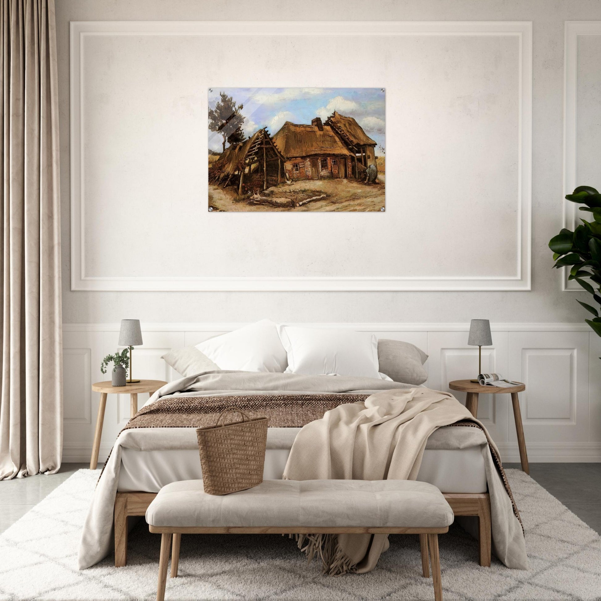 Cottage with Decrepit Barn and Stooping Woman - Vincent van Gogh Acrylic Print - 70x100 cm / 28x40″ inches