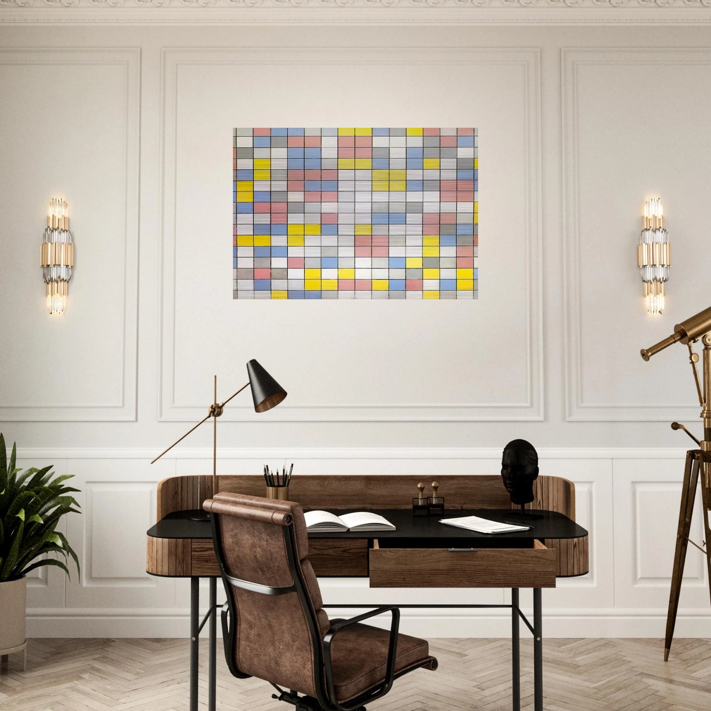 Composition with Grid IX - Piet Mondrian Brushed Aluminum Print - 70x100 cm / 28x40 inches | Piet Mondrian Aluminum Print | Piet Mondrian Prints
