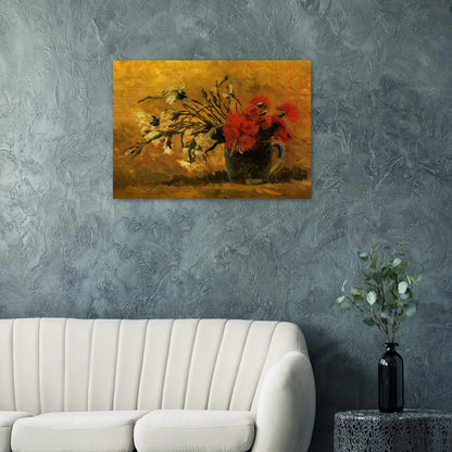 Vase with Red and White Carnations on a Yellow Background - Vincent van Gogh Brushed Aluminum Print - 70x100 cm / 28x40 inches | Vincent van Gogh Aluminum Print | Vincent van Gogh Prints