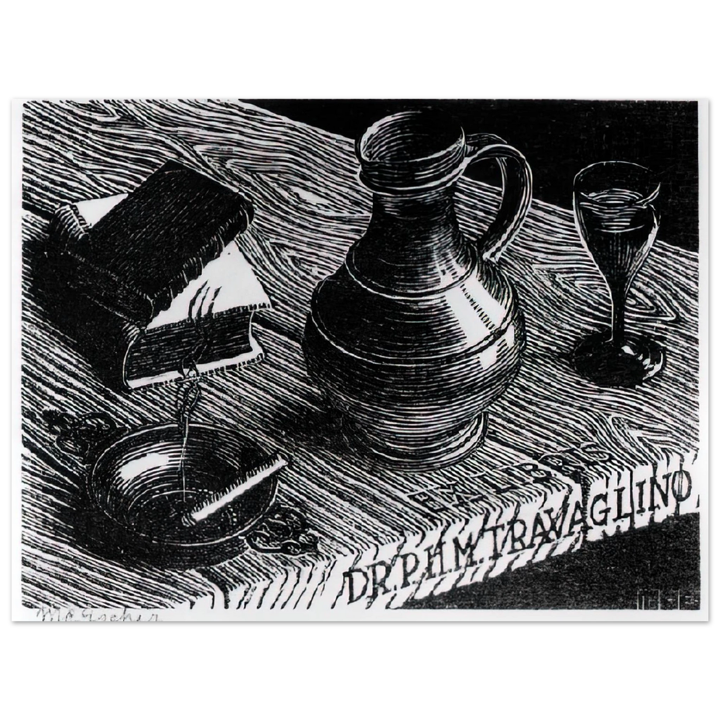 MC Escher - BOOKPLATE DR P H M TRAVAGLINO Wall Art - 21x29.7 cm / 8x12" - Fine Art Poster-canvas - -
