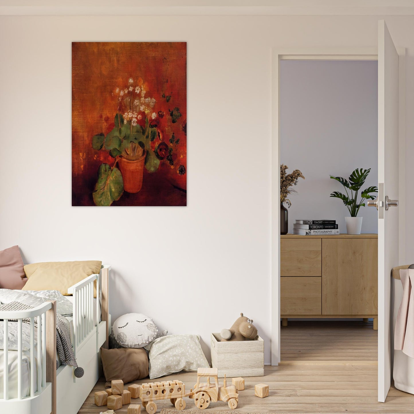 FLOWERS IN A POT ON A RED BACKGROUND - Odilon Redon Brushed Aluminum Print - 70x100 cm / 28x40 inches | Odilon Redon Aluminum Print | Odilon Redon Prints