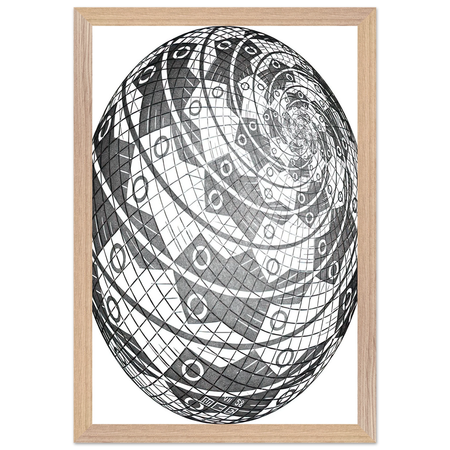 MC Escher - SPHERE SURFACE WITH FISHES Wall Art - 30x40 cm / 12x16 inches - Premium Wooden Framed Poster With Fine Art Paper-canvas - Black frame