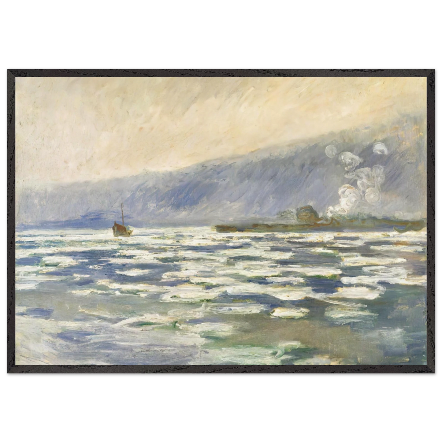 Ice Lock Port Villez - claude monet 70x100 cm / 28x40 inches Framed Art Print – Black Wooden Frame