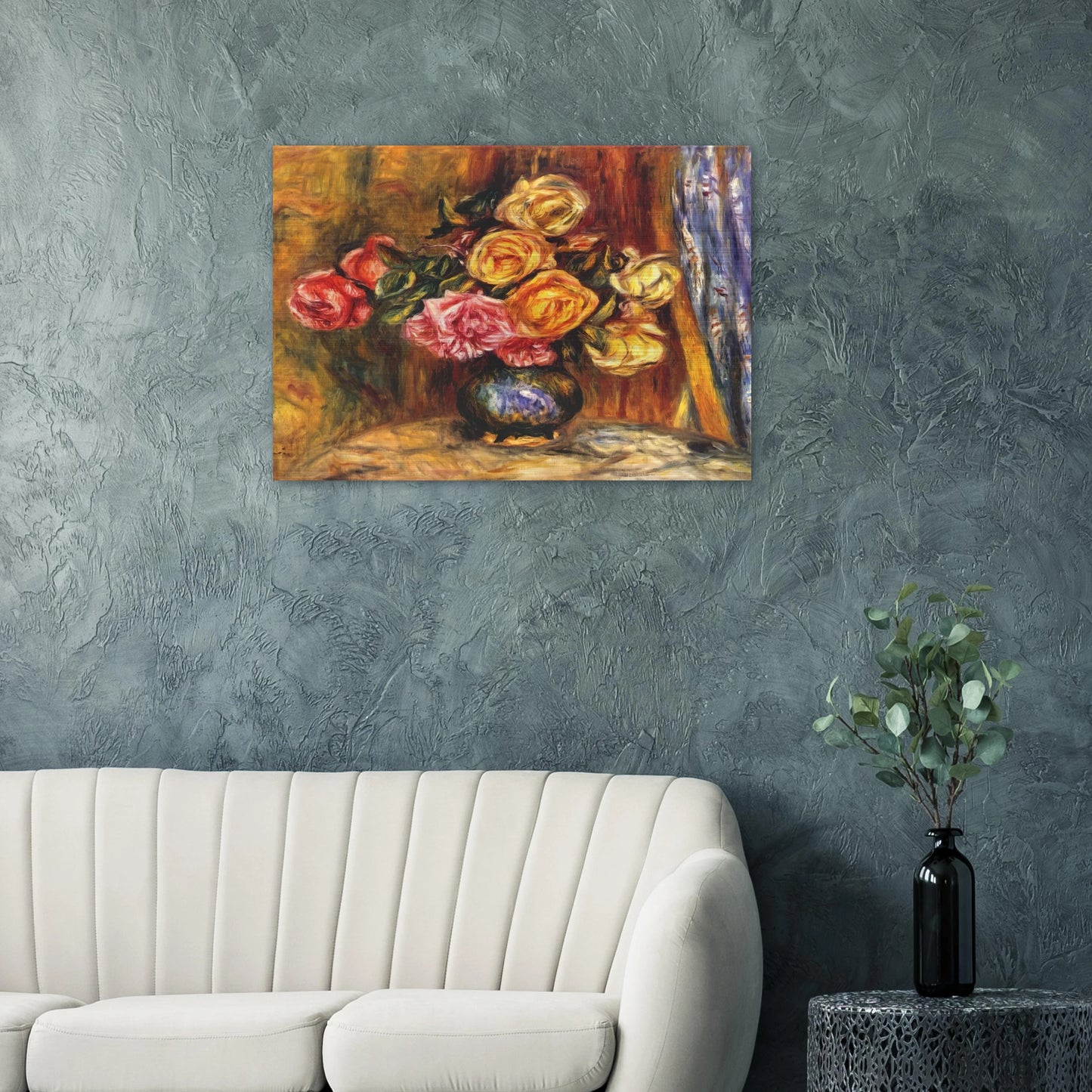 Roses in front of a blue curtain - Pierre-Auguste Renoir Brushed Aluminum Print - 70x100 cm / 28x40 inches | Pierre-Auguste Renoir Aluminum Print | Pierre-Auguste Renoir Prints