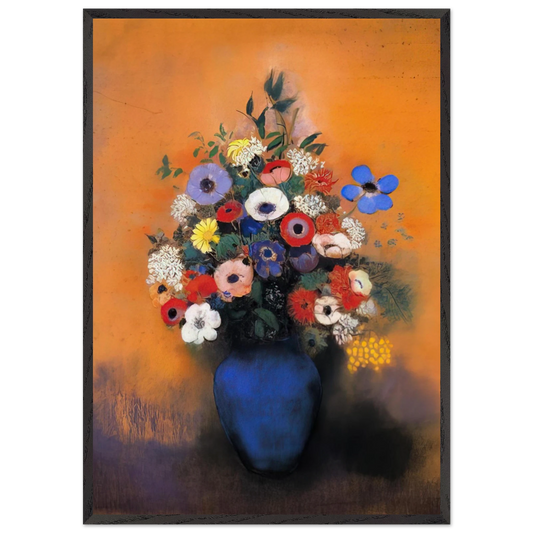 MINOSAS ANEMONIES AND LEAVES IN A BLUE VASE - Odilon Redon 70x100 cm / 28x40 inches Framed Art Print – Black Wooden Frame