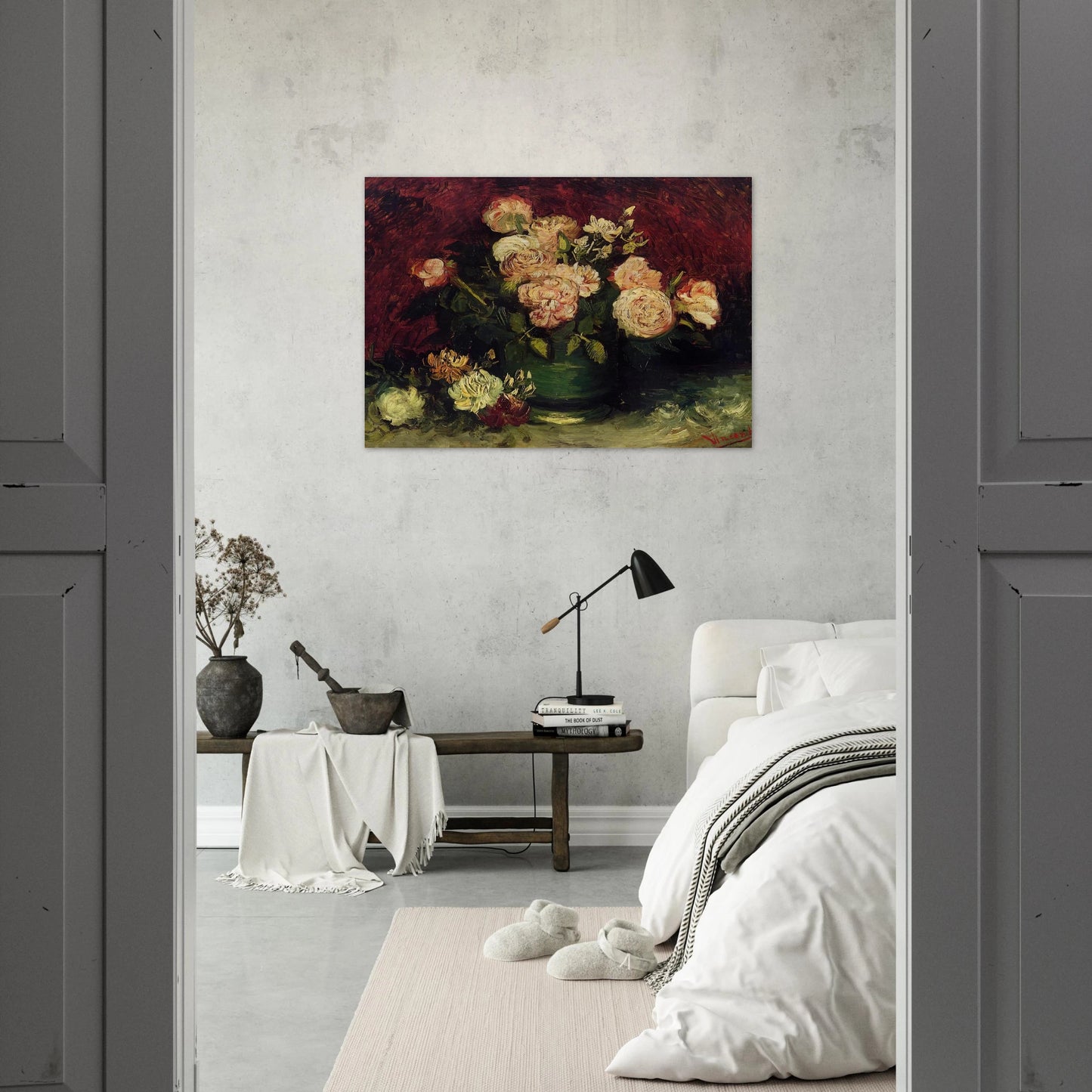 Bowl with Peonies and Roses - Vincent van Gogh Brushed Aluminum Print - 70x100 cm / 28x40 inches | Vincent van Gogh Aluminum Print | Vincent van Gogh Prints