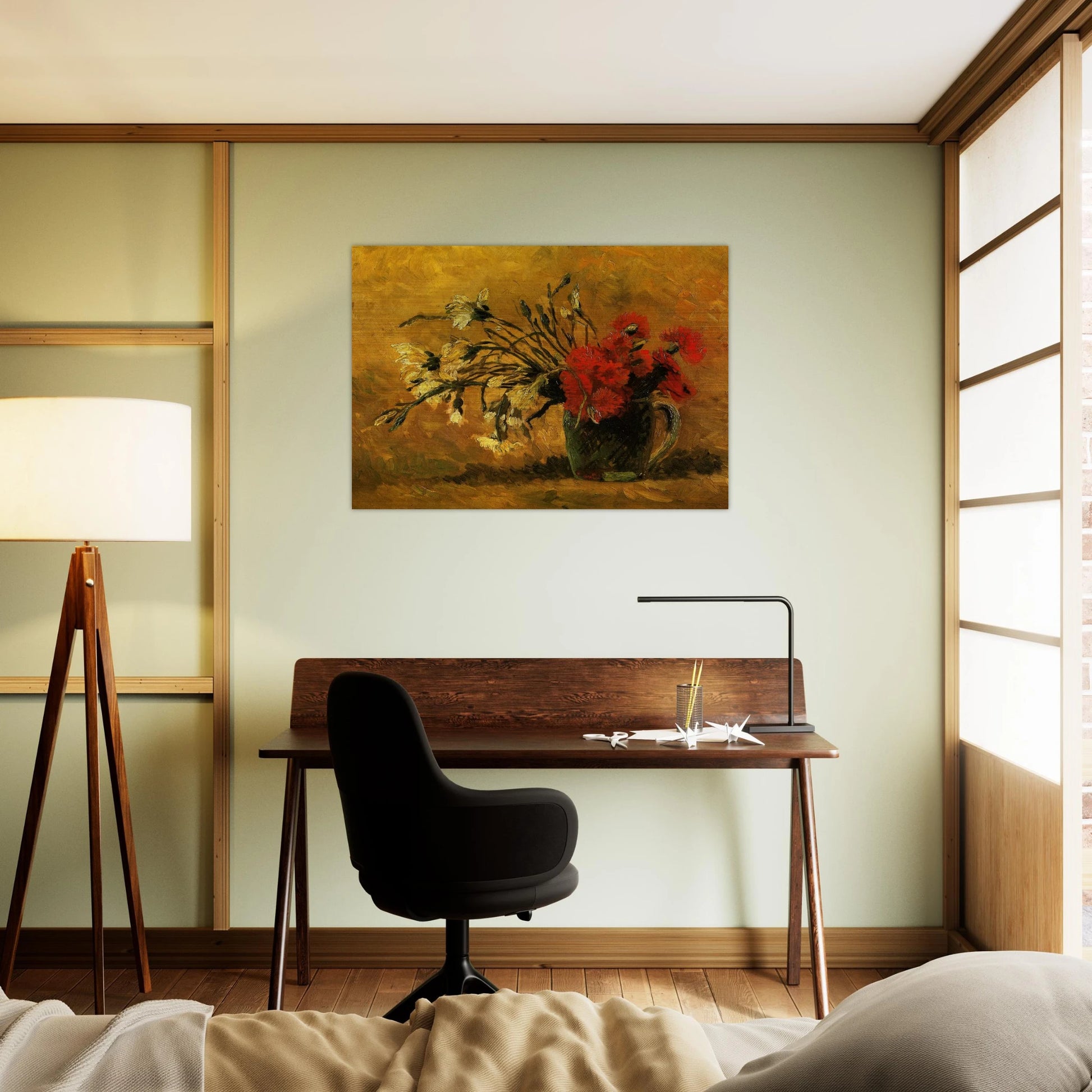 Vase with Red and White Carnations on a Yellow Background - Vincent van Gogh Brushed Aluminum Print - 70x100 cm / 28x40 inches | Vincent van Gogh Aluminum Print | Vincent van Gogh Prints