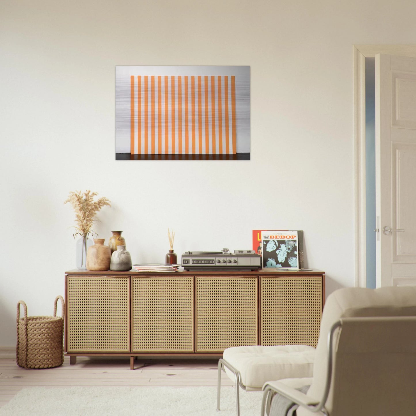 Peinture acrylique blanche sur tissu rayé blanc et orange - 1972 - Daniel Buren Brushed Aluminum Print - 70x100 cm / 28x40 inches | Daniel Buren Aluminum Print | Daniel Buren Prints