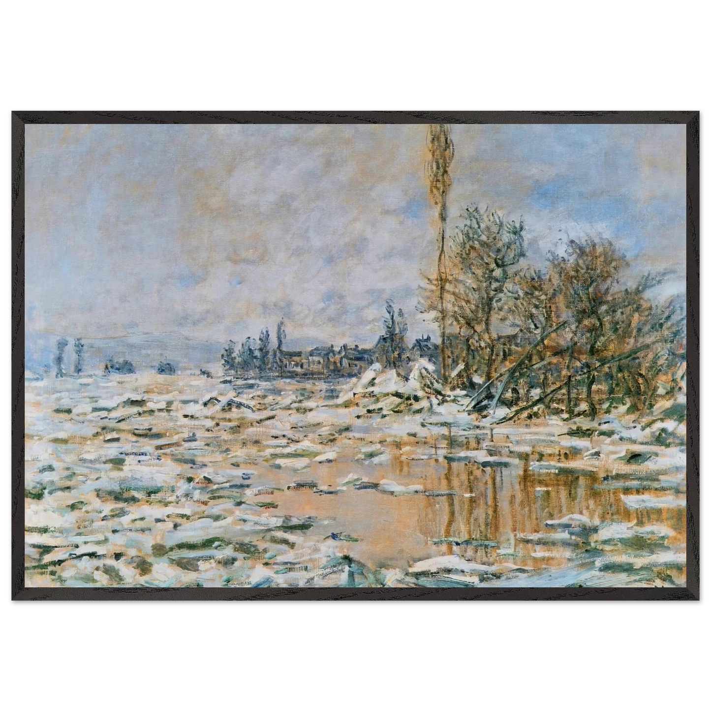 Breakup of Ice Lavacourt Grey Weather - claude monet 70x100 cm / 28x40 inches Framed Art Print – Black Wooden Frame
