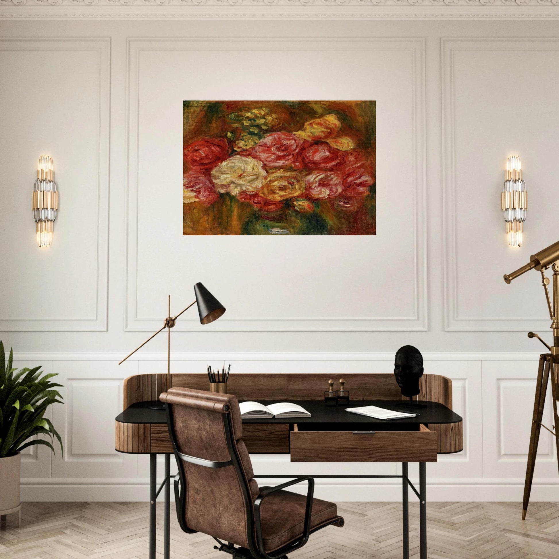 Bouquet of Roses in a Green Vase - Pierre-Auguste Renoir Brushed Aluminum Print - 70x100 cm / 28x40 inches | Pierre-Auguste Renoir Aluminum Print | Pierre-Auguste Renoir Prints