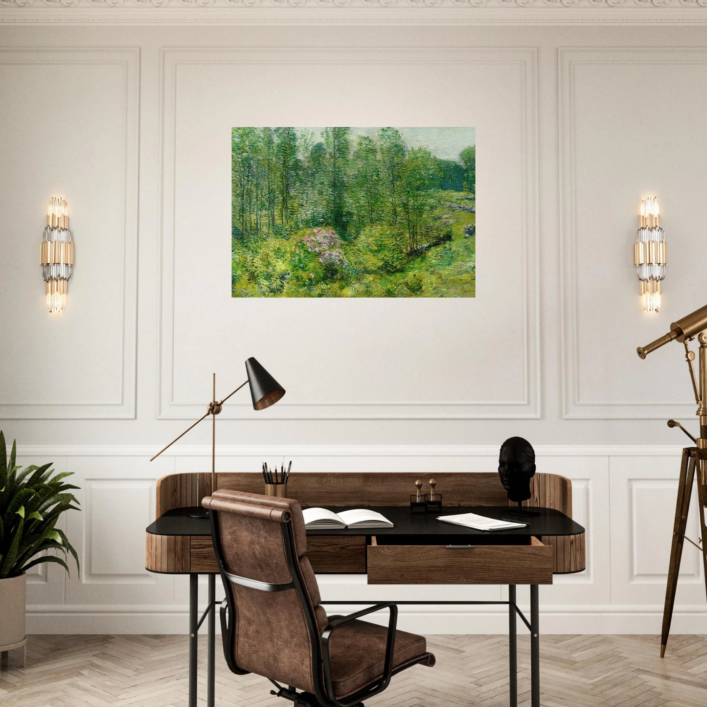 Spring Landscape with a Farmer and White Horse - Childe Hassam Brushed Aluminum Print - 70x100 cm / 28x40 inches | Childe Hassam Aluminum Print | Childe Hassam Prints