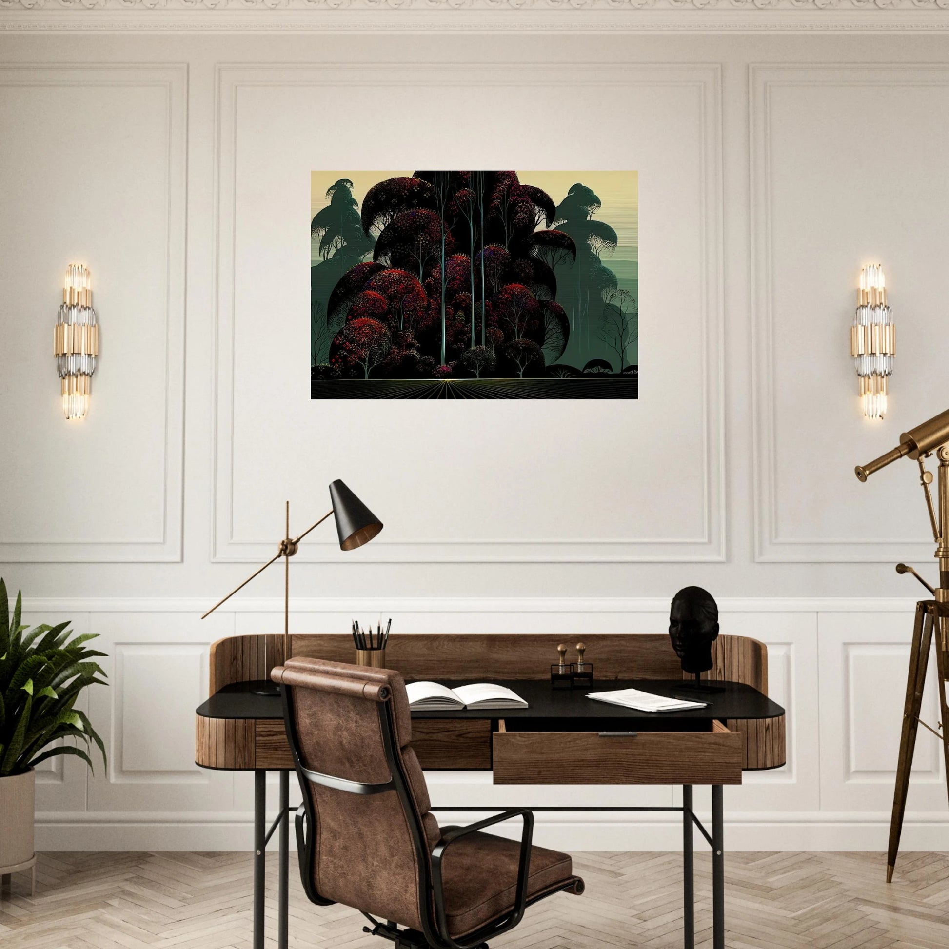 Crimson Autumn - Eyvind Earle Brushed Aluminum Print - 70x100 cm / 28x40 inches | Eyvind Earle Aluminum Print | Eyvind Earle Prints
