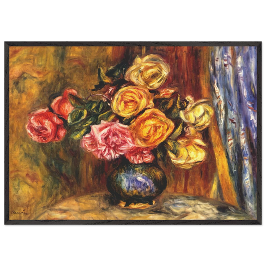 Roses in front of a blue curtain - Pierre-Auguste Renoir 70x100 cm / 28x40 inches Framed Art Print – Black Wooden Frame