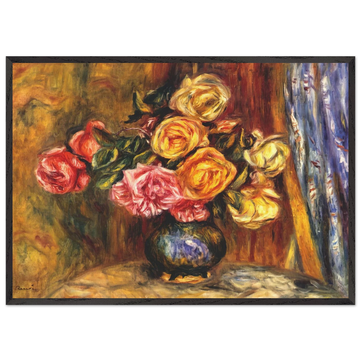 Roses in front of a blue curtain - Pierre-Auguste Renoir 70x100 cm / 28x40 inches Framed Art Print – Black Wooden Frame
